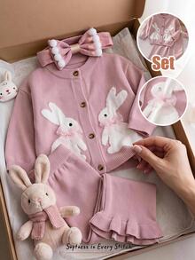 Cozy Pixies Baby Girl Cartoon Rabbit Pattern 3D Bow Knitted Soft Round Neck Long Sleeve Button-Up Autumn Winter Top Elastic Waist Long Pants 2-Piece Set - Pink - View 1