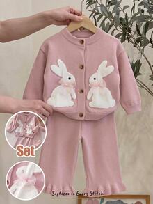 Cozy Pixies Baby Girl Cartoon Rabbit Pattern 3D Bow Knitted Soft Round Neck Long Sleeve Button-Up Autumn Winter Top Elastic Waist Long Pants 2-Piece Set - Pink - View 9