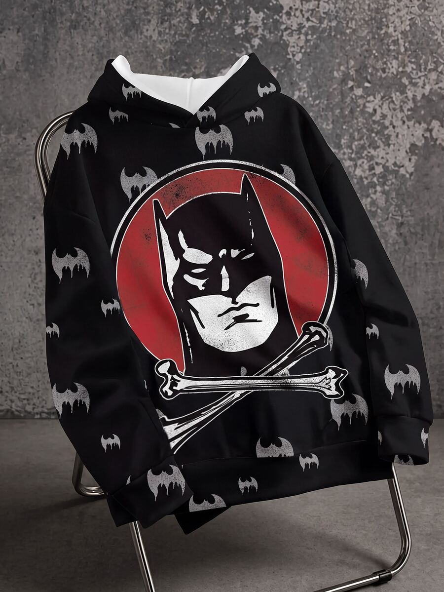BATMAN X SHEIN Men's Cartoon Pattern Print Long Sleeve Fashion Hoodie - White - View 1