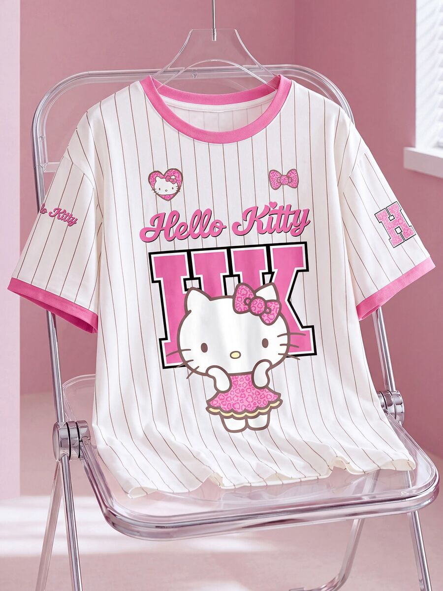 HELLO KITTY AND FRIENDS | SHEIN تي شيرت أكمام قصيرة رقبة دائرية بألوان مكتلة وبنمط مخطط وكرتوني للمقاسات الكبيرة - أبيض - مشاهدة 1