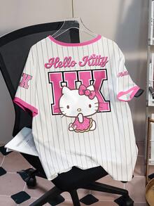 HELLO KITTY AND FRIENDS | SHEIN تي شيرت أكمام قصيرة رقبة دائرية بألوان مكتلة وبنمط مخطط وكرتوني للمقاسات الكبيرة - أبيض - مشاهدة 2