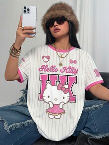 HELLO KITTY AND FRIENDS | SHEIN تي شيرت أكمام قصيرة رقبة دائرية بألوان مكتلة وبنمط مخطط وكرتوني للمقاسات الكبيرة - أبيض - مشاهدة 4