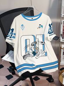 LOONEY TUNES X SHEIN 大尺碼可愛卡通圖案印花圓領短袖T恤 白色夏季休閒 正式約會之夜穿搭 - 白色 - 查看 3