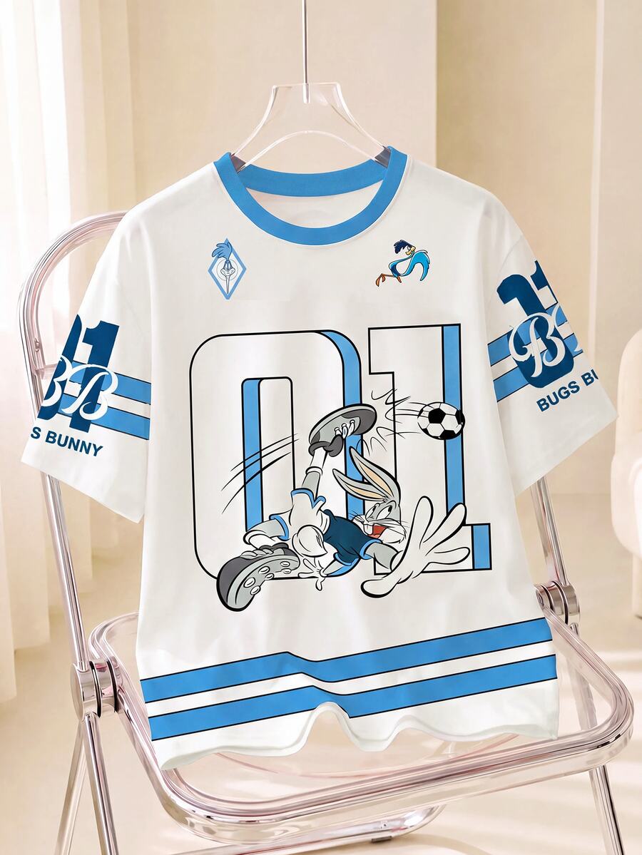 LOONEY TUNES X SHEIN 大尺碼可愛卡通圖案印花圓領短袖T恤 白色夏季休閒 正式約會之夜穿搭 - 白色 - 查看 1