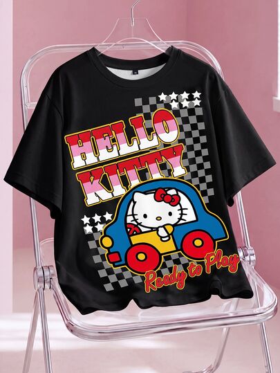 HELLO KITTY AND FRIENDS | SHEIN Plus Size Women's Letter Cartoon Print Crew Neck Short Sleeve Casual Cowboy Versatile T-Shirt Club Vacation Teacher Formal Black Summer
