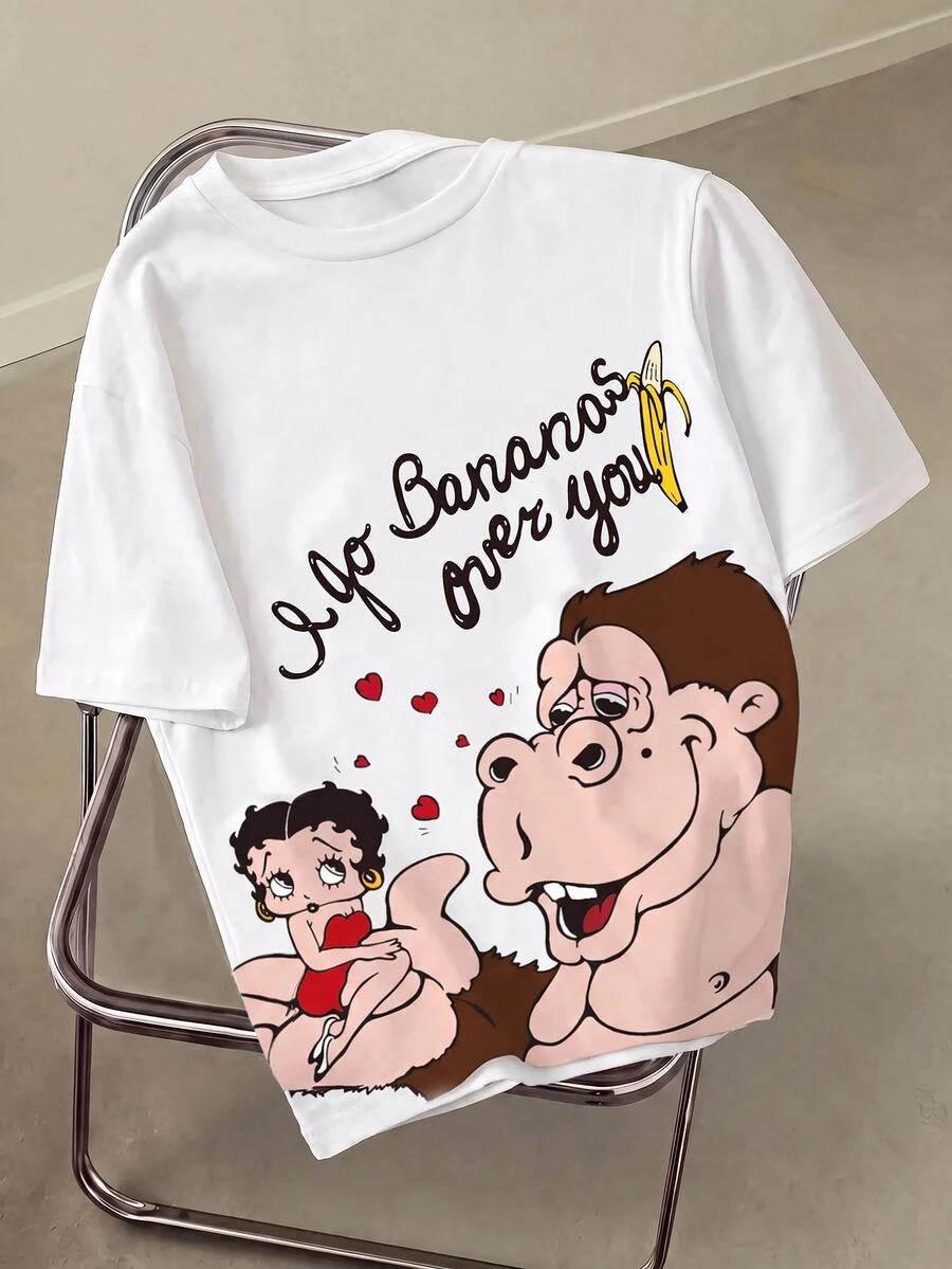 Betty Boop x SHEIN Men's Round Neck Short Sleeve All-Over Print T-Shirt - White - View 1