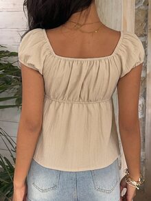 SHEIN EZwear 杏色素色大圓領夏季短袖針織套頭上衣 - 杏色 - 查看 2