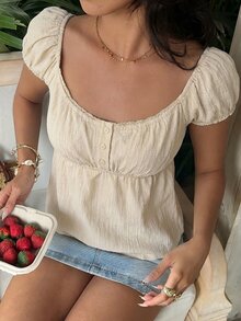 SHEIN EZwear 杏色素色大圓領夏季短袖針織套頭上衣 - 杏色 - 查看 4