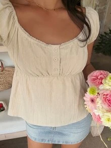 SHEIN EZwear 杏色素色大圓領夏季短袖針織套頭上衣 - 杏色 - 查看 3