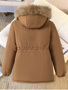 SHEIN 青少年女孩可翻面連帽中長版加厚棉襖，大毛領，腰部抽繩，厚抓絨內裡，派克夾克，秋冬款，寬鬆版型，口袋，百搭，休閒極簡時尚，戶外穿著 - 卡其色 - 查看 4