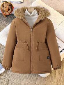 SHEIN 青少年女孩可翻面連帽中長版加厚棉襖，大毛領，腰部抽繩，厚抓絨內裡，派克夾克，秋冬款，寬鬆版型，口袋，百搭，休閒極簡時尚，戶外穿著 - 卡其色 - 查看 3