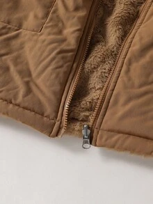 SHEIN 青少年女孩可翻面連帽中長版加厚棉襖，大毛領，腰部抽繩，厚抓絨內裡，派克夾克，秋冬款，寬鬆版型，口袋，百搭，休閒極簡時尚，戶外穿著 - 卡其色 - 查看 7