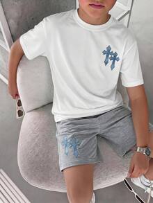 青少年男孩休閒極簡短袖圓領T恤與短褲兩件套，適合夏季 - 彩色 - 查看 6