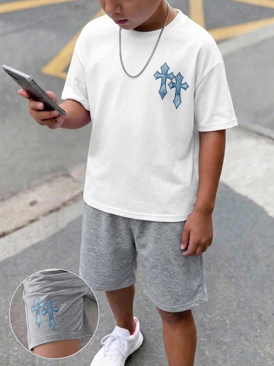 青少年男孩休閒極簡短袖圓領T恤與短褲兩件套,適合夏季 - 彩色 - 查看 1