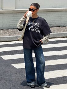Muchica 女款秋季新款 2 合 1 拼接字母印花圓領寬鬆長袖 T 恤，適合外出、街頭風、Y2K - 黑色 - 查看 5