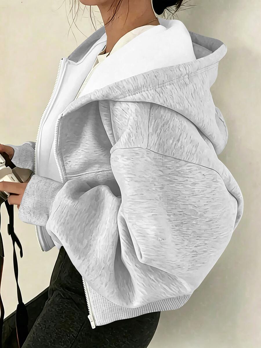 SHEIN 女童純色時尚休閒開襟外套,秋冬款,舒適抓絨內裡衛衣布料,落肩剪裁設計,青春活力風格,適合日常戶外穿著 - 灰色 - 查看 1
