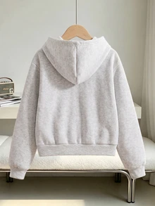 SHEIN 女童純色時尚休閒開襟外套，秋冬款，舒適抓絨內裡衛衣布料，落肩剪裁設計，青春活力風格，適合日常戶外穿著 - 灰色 - 查看 2