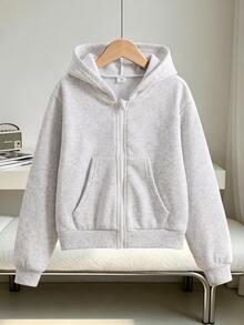 SHEIN 女童純色時尚休閒開襟外套，秋冬款，舒適抓絨內裡衛衣布料，落肩剪裁設計，青春活力風格，適合日常戶外穿著 - 灰色 - 查看 3