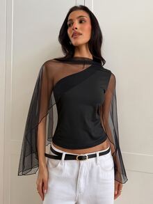 Aloruh Kaos Seksi Wanita dengan Desain Elegan dan Motif Jala - Hitam - View 5