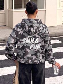 SHEIN Tween Girls' Camouflage Pullover Sweatshirt, Grey/Green Camo Print, Smile Letter Print On Chest, Oversized Fit, Sweatshirt, Casual, School, Autumn, Loose - Army Green - View 2