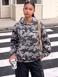 SHEIN Tween Girls' Camouflage Pullover Sweatshirt, Grey/Green Camo Print, Smile Letter Print On Chest, Oversized Fit, Sweatshirt, Casual, School, Autumn, Loose - Army Green - View 6