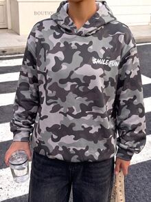SHEIN Tween Girls' Camouflage Pullover Sweatshirt, Grey/Green Camo Print, Smile Letter Print On Chest, Oversized Fit, Sweatshirt, Casual, School, Autumn, Loose - Army Green - View 3