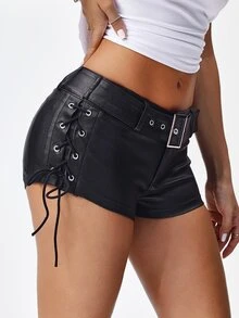 SHEIN ICON Women's Solid Color Lace-Up Knotted Waist Tight Fit Summer Shorts Y2k - Black - View 4