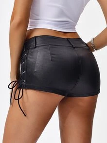 SHEIN ICON Women's Solid Color Lace-Up Knotted Waist Tight Fit Summer Shorts Y2k - Black - View 2