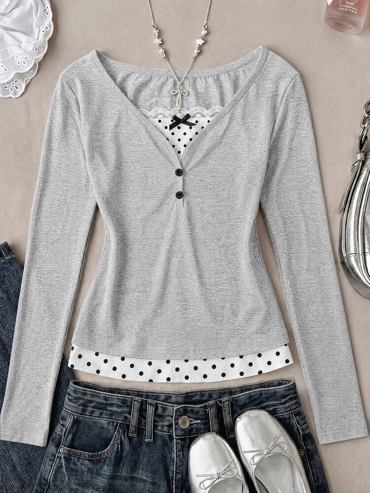 Teen Girl Teen Girls Knit Grey Patchwork Polka Dot Casual Long Sleeve T-Shirt - Grey - View 3