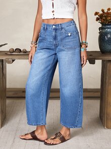 EMERY ROSE Women's Casual Versatile Daily Travel Denim Jeans With Pockets And Buttons - Blue - View 3