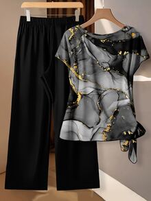SHEIN Clasi Casual Minimalist Retro Print Pattern Plus Size 2 Pieces Set - Multicolor - View 2