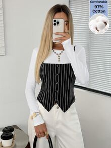 Easowa Women's Solid Color Round Neck Long Sleeve T-Shirt And White Black And White Striped Button Design Camisole 2 Pieces Set Cotton Fall Casual Brunch - Black and White - View 4
