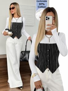 Easowa Women's Solid Color Round Neck Long Sleeve T-Shirt And White Black And White Striped Button Design Camisole 2 Pieces Set Cotton Fall Casual Brunch - Black and White - View 2