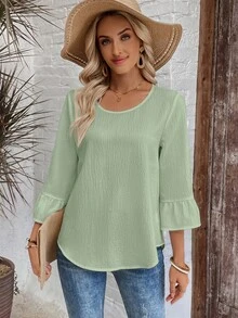 EMERY ROSE Women's Solid Color Textured Bell Sleeve Casual Normal Granny Teachers' Day Shirt Autumn - Green - View 5