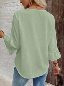 EMERY ROSE Women's Solid Color Textured Bell Sleeve Casual Normal Granny Teachers' Day Shirt Autumn - Green - View 8