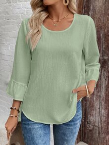 EMERY ROSE Women's Solid Color Textured Bell Sleeve Casual Normal Granny Teachers' Day Shirt Autumn - Green - View 4