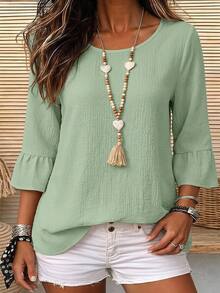 EMERY ROSE Women's Solid Color Textured Bell Sleeve Casual Normal Granny Teachers' Day Shirt Autumn - Green - View 2