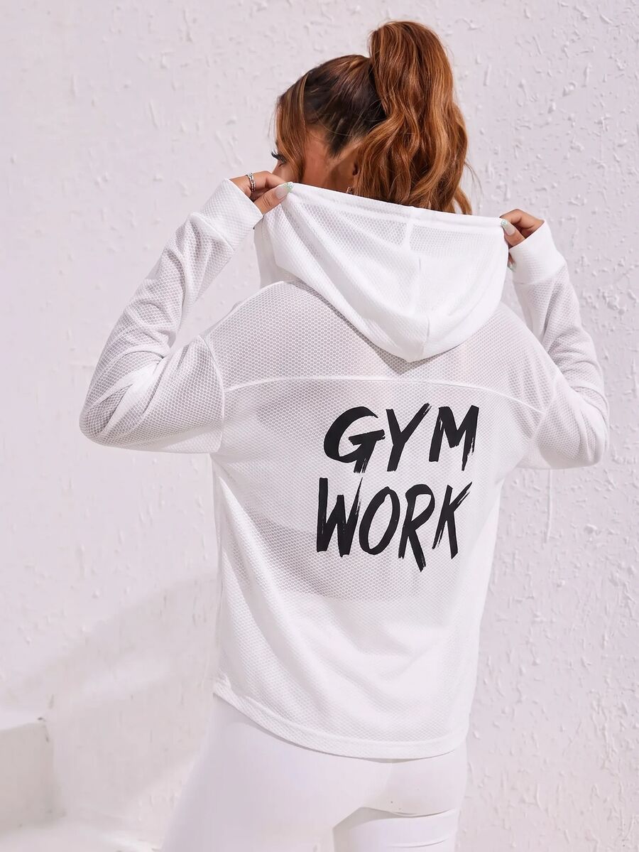 Dewbera Dewbera Letter Print Breathable Hooded Sports Jacket - White - View 1