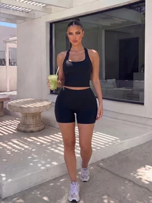 Dewbera Dewbera Women's Solid Color Pleated Halter Top And Shorts Casual Daily Sports Set - Black - View 6
