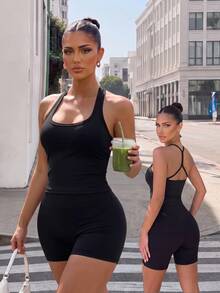 Dewbera Dewbera Women's Solid Color Pleated Halter Top And Shorts Casual Daily Sports Set - Black - View 8