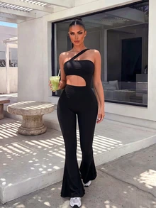 Pariaura Women's Hollow Out One Shoulder Strap Jumpsuit - Black - View 3