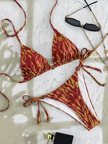 Swim Mod 女款優雅白色黑色斑馬條紋紋理掛脖三角比基尼套裝，2026 動物印花修身高衩性感兩件式泳衣，自綁帶設計，多色波點印花，休閒抓皺紋理斑馬印花比基尼，適合夏季度假度假村穿著、假日穿搭、泳池派對，白色黑色條紋沙灘裝 - 酒紅色 - 查看 2