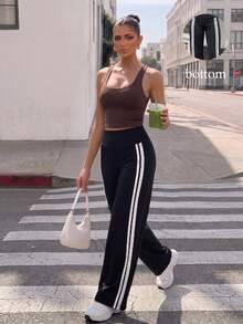 Gameset SHEIN Sport Eassivo Women's Striped High-Waisted Everyday Fitness Loose Sports Pants - Black - View 8