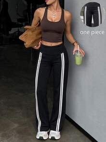 Gameset SHEIN Sport Eassivo Women's Striped High-Waisted Everyday Fitness Loose Sports Pants - Black - View 7