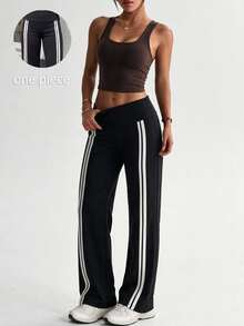 Gameset SHEIN Sport Eassivo Women's Striped High-Waisted Everyday Fitness Loose Sports Pants - Black - View 5