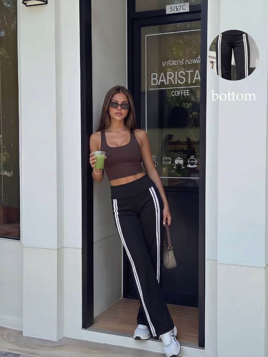 Gameset SHEIN Sport Eassivo Women's Striped High-Waisted Everyday Fitness Loose Sports Pants - Black - View 1
