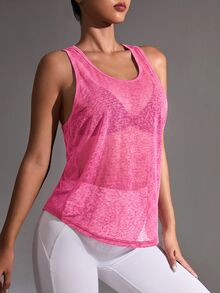 Dewbera Dewbera Solid Color Athletic Modest Sporty Sheer Racerback Sports Tank Top Gym Workout Hot Pink Summer - Pink - View 4