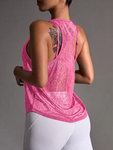Dewbera Dewbera Solid Color Athletic Modest Sporty Sheer Racerback Sports Tank Top Gym Workout Hot Pink Summer - Pink - View 2