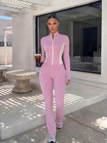 SHEIN Swim Women's Colorblock Patchwork Fitted Top Equestrian Outfit - Multicolor - View 3
