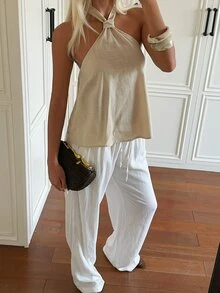 SHEIN EZwear 米色編織掛脖上衣 女款 度假 夏季休閒 - 卡其色 - 查看 3